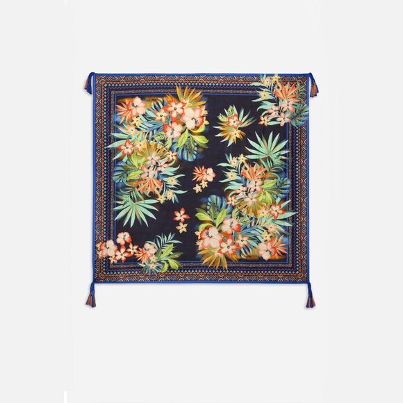 Johnny Was Moanuh Scarf Silk Deep Blue Floral Tassels Scarves